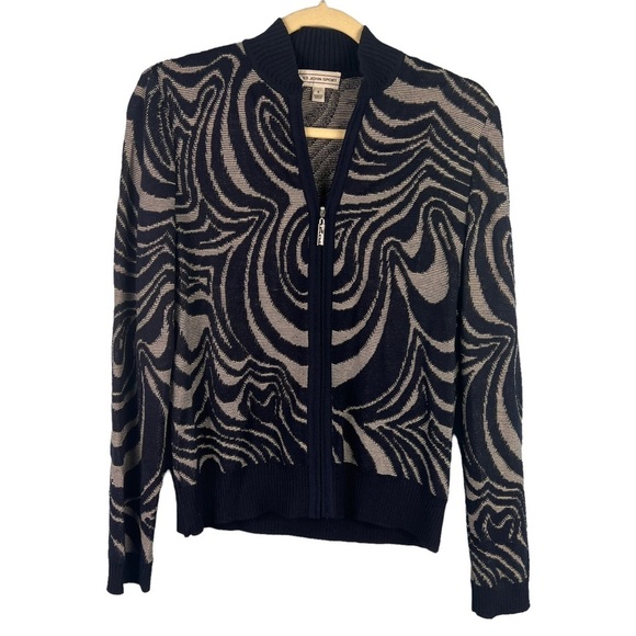 St. John Tops - St John Sport Navy Blue Swirl Printed Wool Zip Up Jacket Size Small Casual